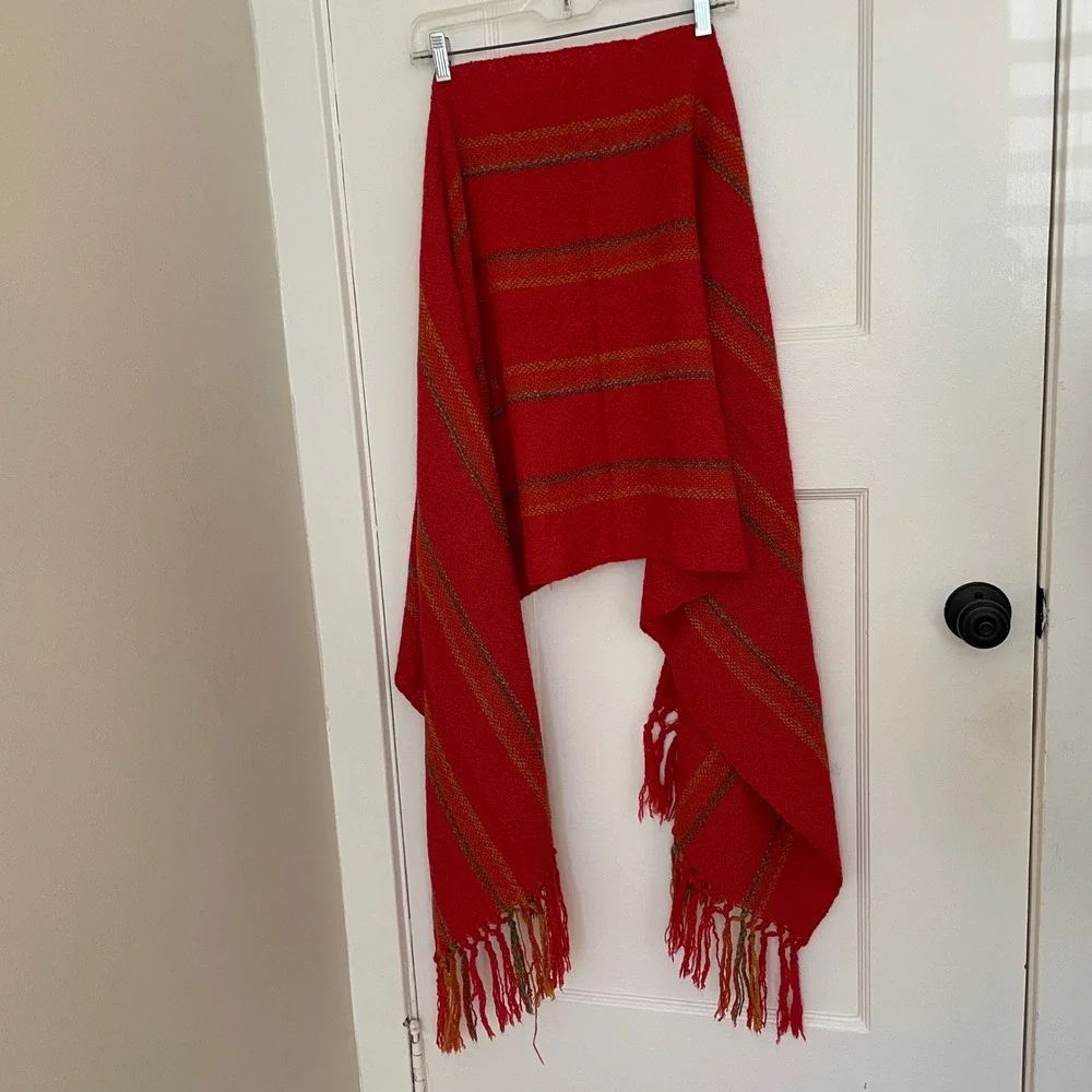 Red Woven Scarf Shawl Fringe Striped‎ Accent
